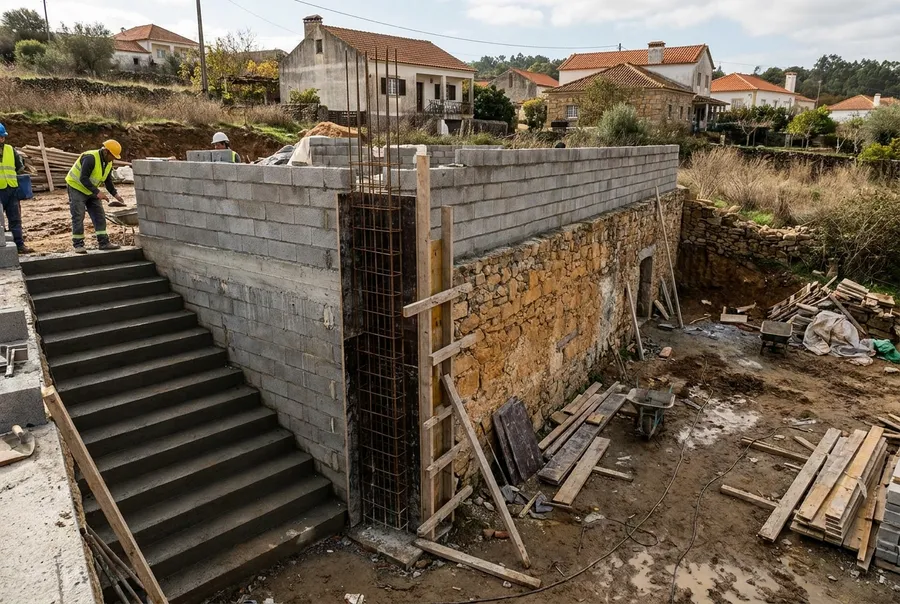 Muro de suporte de terras em obra